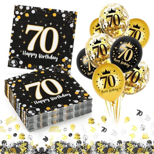 30 Stück Servietten 70. geburtstag Mann + 18 Stück Deko 70. Geburtstag Luftballons mit Konfetti, Servietten 70. Geburtstag Mann Frau, Happy Birthday 70 Servietten Geburtstagsdeko Tischdekoration