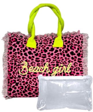 Borsetta Mare New Leopard Maculato a Manico Corto con Zip 100% Cotone 30x24x14cm Handbag Spiaggia (Fucsia)