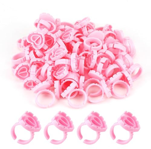 100 Stück Einweg-Kleber Halter Ringe Wimpernkleber Halter Ring, Herzform Wimpern Ring, Plastic Wimpern Blüte Halter für Tattoo Pigment Wimpernverlängerung Zubehör (Rosa)