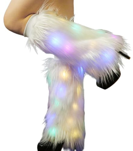 Tadoiooy Fur Leg Warmers for Women 15.8 Inch Fashion Faux Fur Boot Covers Lighted up White Warm Winter Fuzzy Leg Warmers for Women Ladies with Light, Light Up Clothing Accessories