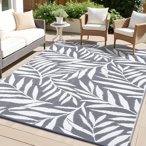 OLANLY Wasserdichter Outdoor-Teppich, wendbarer Terrassenteppich, Kunststoff, Strohteppich mit Blattmuster, Wohnmobil-Matte, Indoor-Outdoor-Teppich für Terrasse, Camping, Balkon, Deck, Hinterhof, Grau