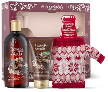 Bottega Verde - Vaniglia Nera, Confezione Regalo con Bagnodoccia 400 ml, Crema Mani 75 ml e Copribottiglia in Maglia, in un Elegante Cofanetto, Idea Regalo