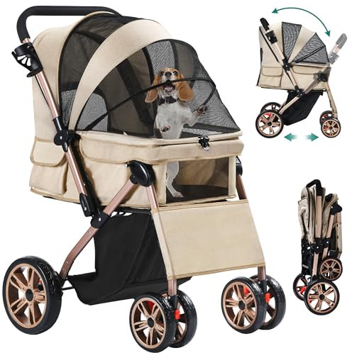 YITAHOME Faltbarer Hundebuggy für Hunde, Haustierbuggy mit umkehrbarem Griff, Netzfenstern, Getränkehalter, 360° drehbare EVA-Räder mit Bremsen (Beige)