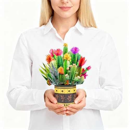 GREETING ART Cactus Garden Pop Up Card, 8.9 cm Paper House Plants 3D Popup Greeting Cards with Note Cards & Envelope for Birthday, Anniversary, Mothers Day, Get Well