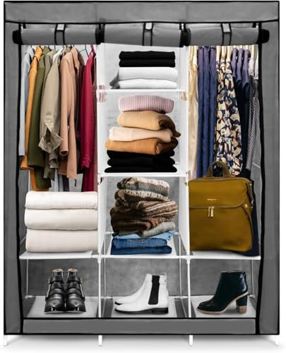 DWELLTON Canvas Wardrobe, 175 x 130 x 45 cm, Bedroom Furniture Cupboard, Clothes Storage Organiser, Canvas Wardrobe for Bedroom, Wardrobe Storage Organiser (Grey)