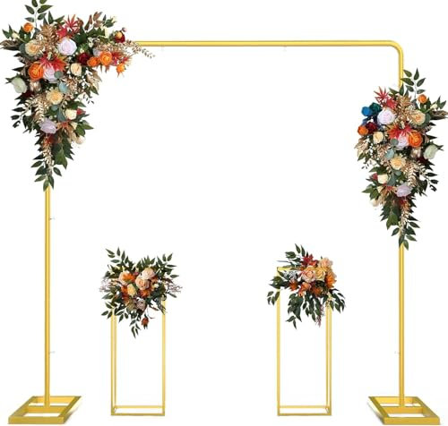 Hochzeitsbogen Ständer Set, 213×213cm Hochzeitsbogen für Zeremonie, Gold Ballon Bogen mit Blumenständer für Hochzeit, Geburtstag, Baby Dusche, Anniversaryand und Jede Feier