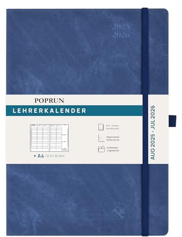 POPRUN Lehrerkalender 2025 2026 DIN A4 - Lehrerplaner 25/26 für die Unterrichtsvorbereitung mit Monatliches Register. Schulplaner mit PU-Leder Hardcover für Lehrerinnen und Lehrer - Dunkelblau