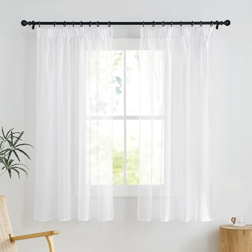PONY DANCE Kurzgardinen mit Kräuselband Wohnzimmer Vorhang Weiß Transparent 2er Set H 137 x B 140 cm Durchsichtige Gardinen für Küche/Badezimmer Fenster Sheer Curtains