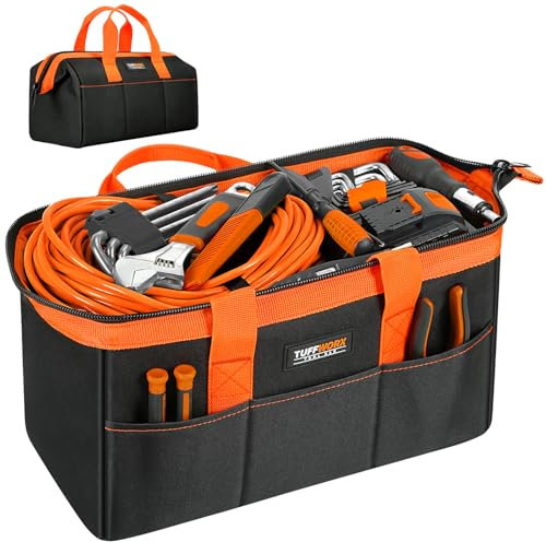 TUFFWORX Wide Open Mouth Tool Bag, Multi-pockets Tools Storage Bag, Heavy Duty Tool Organiser with Handle, Black and Orange, 14 Inch