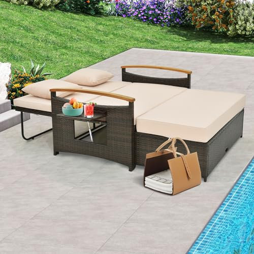COSTWAY Rattan Lounge Sofa, Lounge Möbel Outdoor, Gartensofa mit Liegefunktion, 2-Sitzer Gartenlounge mit Kissen & Seitenablagen, Polyrattan Gartenmöbel, Balkon Möbel, Balkonmöbel Kleiner Balkon
