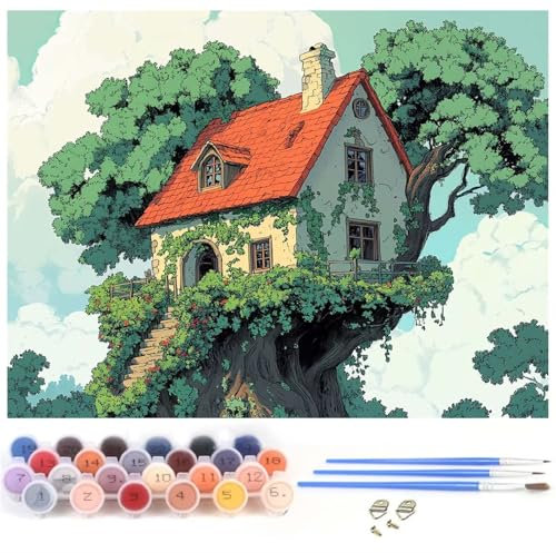 Malen Nach Zahlen Landschaft Malen Nach Zahlen Erwachsene Groß 80x100cm Baumhaus Paint by Numbers DIY Bastelset Erwachsene Anfänger Handgemalt Ölgemälde Kit Home Décor, Geschenke für Männer y-484