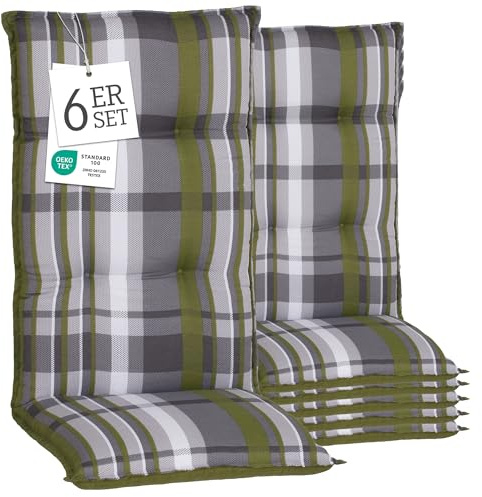 Beo® Hochlehner Gartenstuhlauflagen 6er Set | Waschbar bei 30°C | Made in EU | Atmungsaktiv & UV-beständig | Grüngrau/Gestreet | Öko-Tex Standard | Sitzkissen Outdoor
