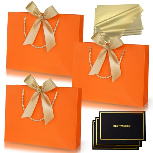 Geschenktüten,3 Stück Orange Papier Geschenktüten mit Griffen,mit 3 Schleifenbändern 3 Grußkarten 6 Seidenpapier,Verpackung Geschenke für Geburtstag,Hochzeit,Festivalfeier,Weihnachten,Party Weiß