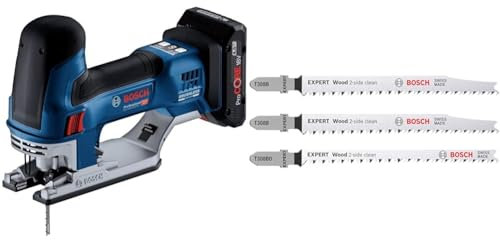 Bosch Professional 18V System Akku Stichsäge GST 18V-155 SC (2x Akkus, Schnellladegerät) + 3x Stichsägeblatt Set Expert ‘Wood 2-Side Clean‘ (für Sperrholz, Massivholz-Möbelplatte, Länge 117 mm)