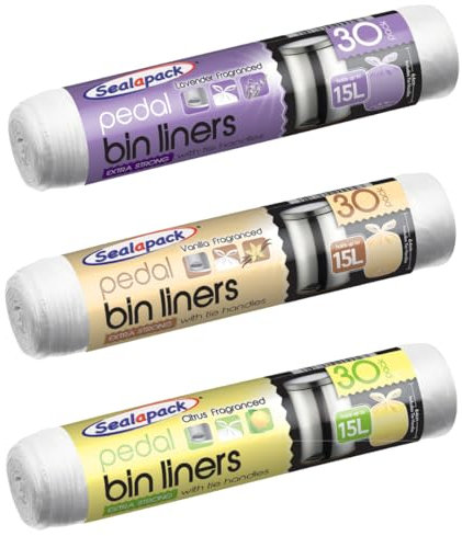 30 Pack Extra Strong Pedal Bin Liners 15L Scented Tie Handle Bags Assorted Fragrances for Kitchen Bathroom Office
