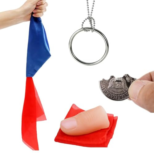 YUYWWAN Zauberkasten Kinder, Zaubertricks Erwachsene mit Magischen Ring Kette, Magic Taschentuch, Folding Coin Magic Trick, Daumenspitze Zaubertricks für Partys, Straßen, Bars (4-teiliges Set)