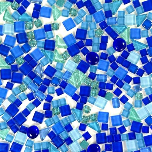 HILELIFE 300g 200 Piece Glass Mosaic Tiles for Crafts Bulk – Assorted Colors and Shapes, Mini Mosaic Glass Pieces for Adult Crafts, DIY Arts, Home Decor (Blue)