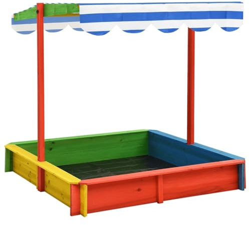 Sandkasten aus Holz, Spiele für den Außenbereich, Kinder, mit verstellbarem Dach, Tannenholz, mehrfarbig, UV50, 115 x 115 x 115 cm