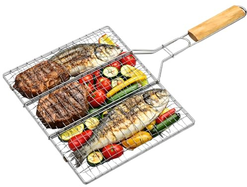 Grille de barbecue en acier inoxydable avec manche en bois, double grille pour viande, hamburger, poisson et légumes, panier grill antiadhésif 40 x 30 cm
