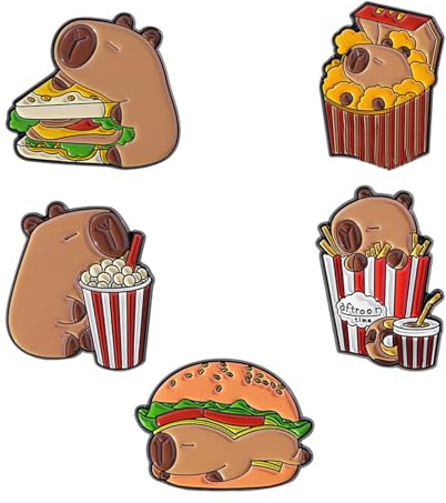 Capybaras Hamburger Fries emaillierte Anstecknadel, 5 Stück, Legierungsmetallbroschen, Cartoon Sammlerstücke für Accessoires und Geschenke, Capybaras Serie Broschennadel