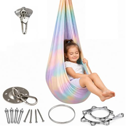 Aerial Yoga Hängematte, Sensorische Nestschaukel für Indoor & Outdoor, Anti-Gravity, mit Befestigungsset, bis 210 kg belastbar, für Entspannung, Stretching & Training (Regenbogen, 280 x 150 cm)