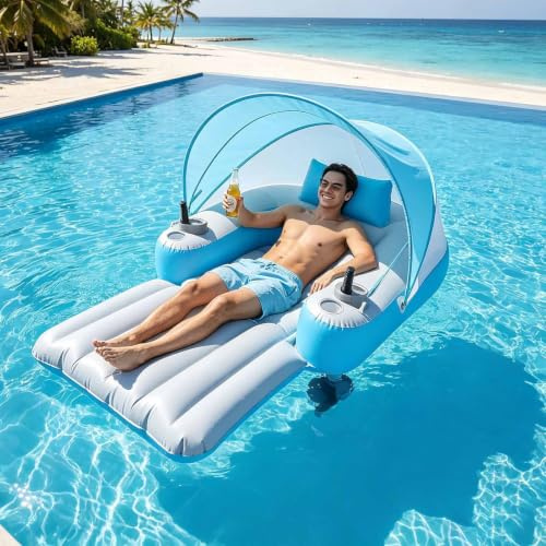 Tumbona Inflable Eléctrica para Piscina con Toldo, Flotador Inflable para Piscina con Motores Duales Y Portavasos, Tamaño Grande 166 Cm × 110 Cm, Rotación 360°, Carga Máxima 136 Kg