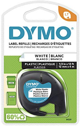 DYMO - SAN91331 91331 LetraTag Labeling Tape for LetraTag Label Makers, Black Print on White Plastic Tape, 1/2'' W x 13' L, 1 Roll