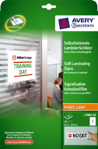 Avery Zweckform L7085-10 Selbstklebende Laminier-Schilder, 67,5 x 255 mm, foliengeschützt - hochglänzend, 10 Blatt/20 Etiketten, weiß