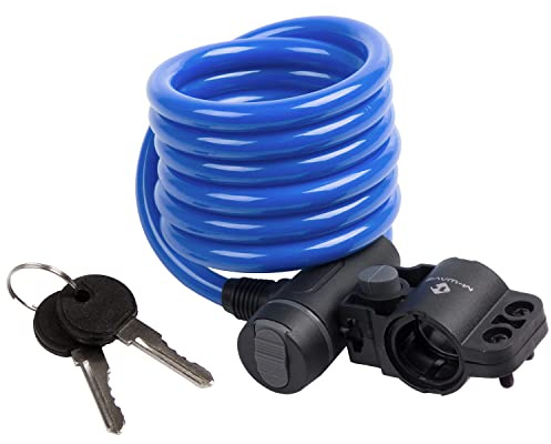 M-Wave Autom.-Spiralkabelschloß 1800 x 10 mm blau mit Clip-on-Halter für Sattelstütze mit Staubschutzkappe auf Karte