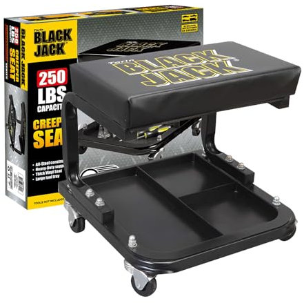 Torin TR6100W Blackjack Rollbrett für Garage/Ladensitz: gepolsterter Mechaniker-Hocker mit Werkzeugablage, schwarz