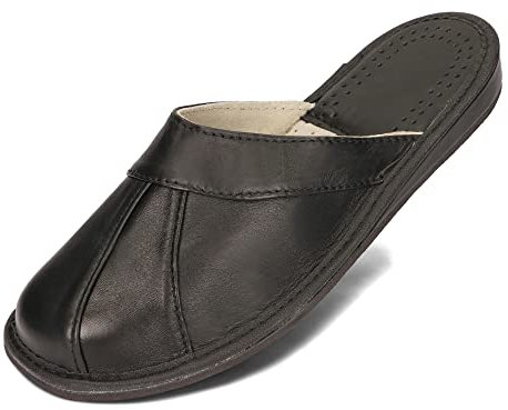 BeComfy Herren Leder Hausschuhe Lederpantoffeln Latschen Schwarz Weiches Kalbsleder 40-46 EU (Schwarz, 41
