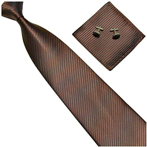 GASSANI 3-SET Braune Krawatte Streifen gestreift | Binder Dunkel-Braun Manschettenknöpfe Einstecktuch | Krawattenset zum Anzug Seide-Optik