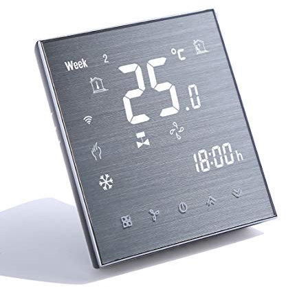 Qiumi Termostato WiFi, Aire Acondicionado Inteligente Controlador de Temperatura, 2 Tubos, Funciona con Alexa Página Principal de Google,Innovación Panel Cepillado(Brillo Ajustable)