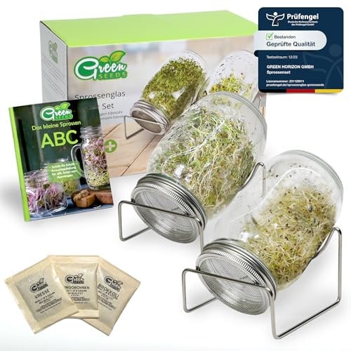 Green SEEDS Sprossenglas Keimglas 2er Set 1000ml mit hochwertigem Edelstahl-Gitterdeckel, Ständer + GRATIS Sprossen-ABC [Druckversion]