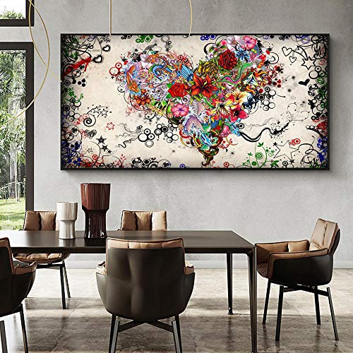 Moderne Toile Tableau Amour Peinture Abstraite Coloré Coeur Fleurs Affiches Tableau Murale Art Tableaux pour Salon Salle À Manger Decoration À La Maison 50 × 100 cm sans Cadre
