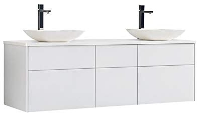 StoneArt Badmöbel Set Mineralguss Waschbecken Waschschale Aufsatzwaschbecken und Unterschrank Waschtisch Einzel- oder Doppelwaschbecken Venice VE-1610pro-2 weiß 160cm