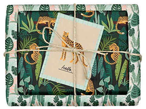 dabelino® veganes Geschenkpapier Set Leopard/tropical: 4x Bögen + 1x Grußkarte (tropisch, leo print, leopardenmuster, Recyclingpapier, Blauer Engel, vegan Geschenk, Veganer, öko)