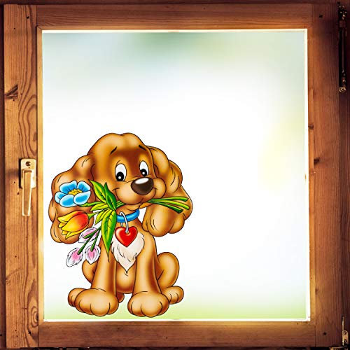 alles-meine.de GmbH Fenstersticker Motivwahl Tiere - Hund/Welpe mit Blumen - statisch haftend - selbstklebend + wiederverwendbar - Stück Sticker Fensterbilder Aufkleber - F..