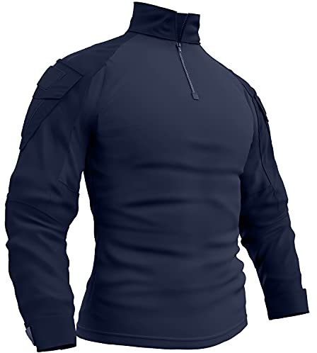 Memoryee Herren Military Tactical Army Combat Langarmhemd Slim Fit T-Shirt mit 1/4 Reißverschluss und Taschen/Navy/M