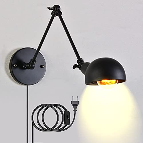 Industrial Wandleuchte Mit Schalter und Stecker, Innen Wandbeleuchtung Verstellbare 2 Langer Arm Nachttisch-Wand Lampe Leselampe mit 1,8m Kabel Schwarz Metall Schirm E27 für Wohnzimmer Schlafzimmer