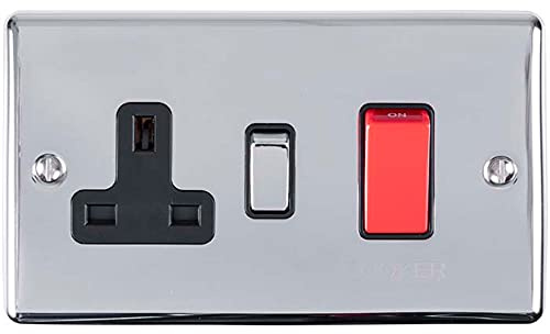 45A DP Oven Switch & Single 13A Switched Power Socket – POLISHED CHROME & Black Trim – 45 Amp Double Pole – Decorative Wall Plate & Solid Metal Rocker – On/Off Mains Appliance/Boiler
