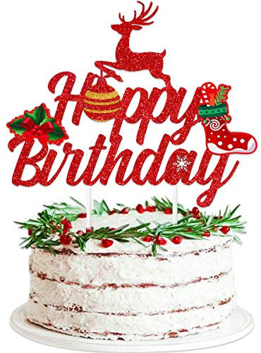 Weihnachten Happy Birthday Cake Topper Glitzer Weihnachten Elch Cake Topper Dekorationen Frohe Weihnachten Frohes neues Jahr Weihnachten Geburtstagsfeier Dekorationen
