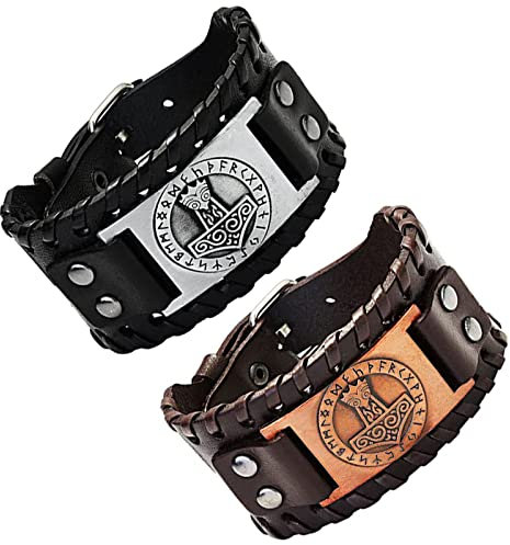 Lushly 2 Stück Wikinger Armbänder, Herren PU Leder Armband, Wikinger Lederarmband, Vintage Nordic Armband, Wikinger Talisman Armband für Freund Ehemann Papa Geschenk (Schwarz, Braun)