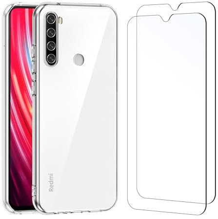 NEW'C Funda para Xiaomi Redmi Note 8 de Alta Transparente de Silicona de Gel TPU Flexible y 2 Protectores de Pantalla de Vidrio Templado para Xiaomi Redmi Note 8