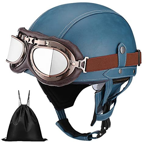 Casque de Moto Vintage Cuir Retro Vintage Scooter Open Face Demi Cuir avec visière Lunettes ECE Bols pour Homme et Femme Adultes Demi-Casques avec Sac de Rangement