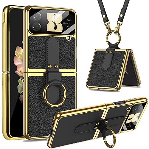 Miimall Lederhülle Kompatibel mit Samsung Galaxy Z Flip 4 Hülle mit Kameraschutz, Z Flip 4 Handyhülle mit Band+Ring+Ständer Galvanisierter Rahmen Stoßfest Schutzhülle Handy für Galaxy Z Flip 4-Schwarz