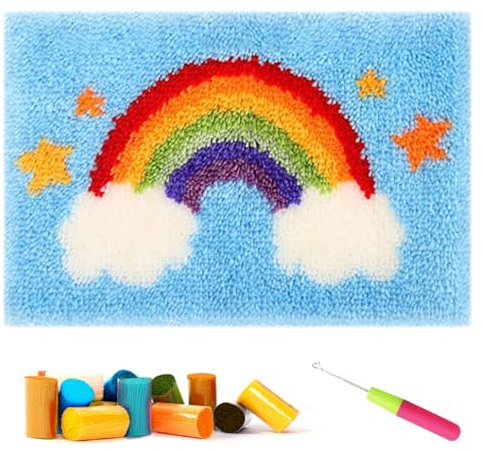 CCWORAN Rainbow Rug Making Kit For Adults Diy Craft Latch Hook Rug Kit Set Tapestry Cushion Patterns Printed Mesh Mat Canvas Wool Yarn