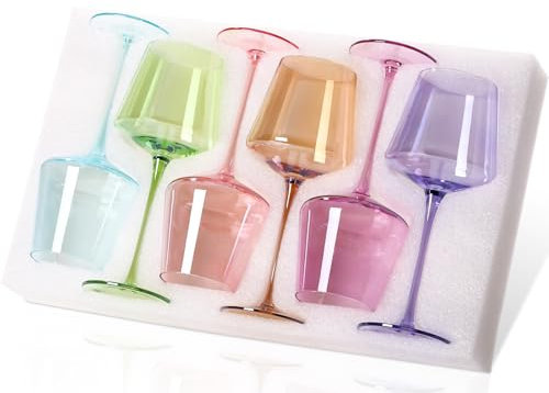 Physkoa Farbige Weingläser-Set mit 6 Stück, 530 ml, Regenbogen-Weingläser, Kristallglas, Wiederverwendbar, Zuhause, Alle Gelegenheiten