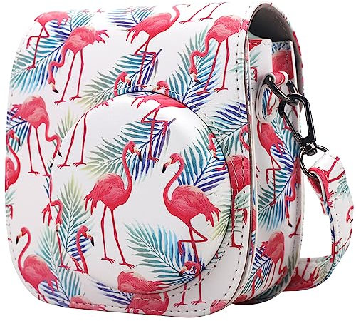 QIYWFA Instant Kamera Schützend Fall Kompatibel mit Fujifilm Instax Mini 12/11/9/8/8+ Instan Kamera Sanft PU Leder Tasche mit Tasche und Abnehmbarer Schultergurt(Colorful Flamingo)