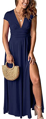 QUNERY Robe Longue Femme Ete Robe de Plage Manches Courtes Robe D'été Casual col en V Taille Haute Robe Cocktail Demoiselle d'honneur Mariage Fête Aniversaire Bleu Noir L